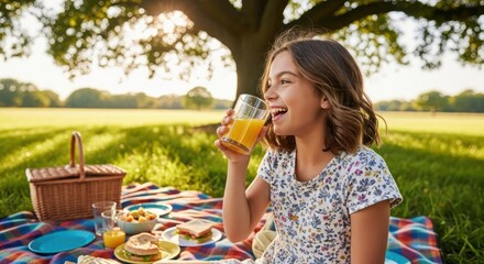 Girl enjoying juice at picnic on a blanket in a grassy park on sunny day