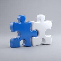 Obraz premium Two interlocking puzzle pieces, one blue and one white, symbolizing connection and unity.