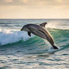 Obraz premium A magnificent dolphin leaps gracefully from a sunlit ocean wave during the golden hour, creating a stunning splash of water droplets.