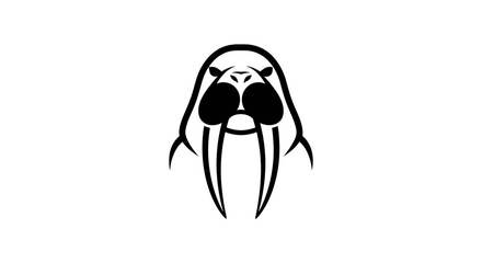 Stylized Walrus Head with Tusks Black and White Illustration.