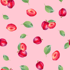 Seamless watercolor pattern with hand drawn plum with leaves and half a plum.