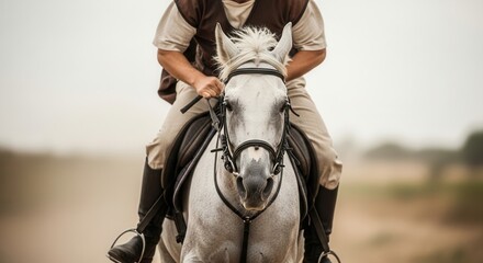 Man riding white horse on rural path in desert. Equestrian training and historical re-enactment concept. Biblical times and roman rider theme.