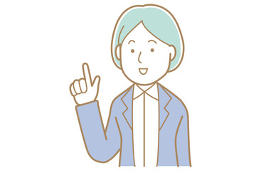 指差す青い髪でスーツの女性のイラスト