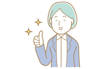 サムズアップをする青い髪でスーツの女性のイラスト