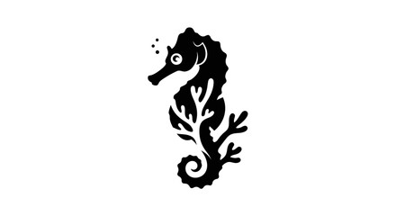 Stylized Black Seahorse Silhouette with Coral Elements.