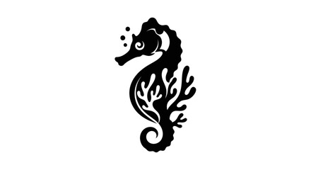 Stylized Black Seahorse Silhouette with Coral Elements.