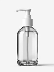 Fototapeta premium Glass pump dispenser bottle with metal head on white studio background. AI generated