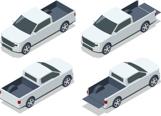 Modern off-road pickup truck car. 4-door midle size work utility suv vehicle. Isometric illustration of white pickup truck from different angles. Concept of transport, supply delivery, and