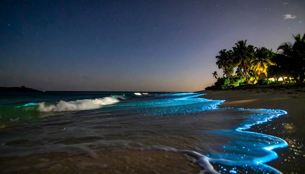 Stunning natural phenomenon of bioluminescent waves crashing on a sandy tropical shore under a starry night sky