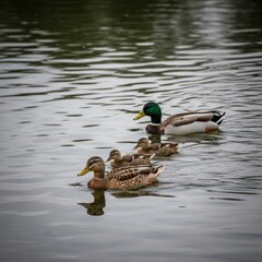 Obraz premium Mallard Duck Family: A male, female, and three ducklings gracefully swim in a on calm water, showcasing their natural beauty and peaceful coexistence.