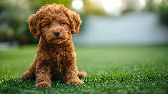 Cute Poodle puppy with an adorable expression sitting on green grass against a blurred backyard background with copy space