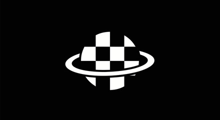 Stylized checkered globe with orbiting ring on black background.