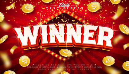 Jackpot Winner 3D Text Effect Design Editable Vector Graphic Style with Shadow and Gold Framed Scalable Typography Lettering, Light Bulb Billboard, Casino Coin and Falling Confetti on Shiny Red © articular