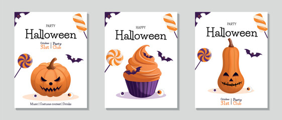 Halloween flyer set. Lollipops, bats, scary pumpkins, and a cupcake. Vector illustration for a poster, banner, invitation, sale, or flyer.