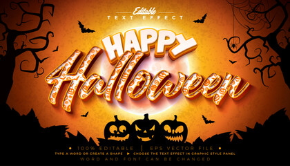 Fototapeta na wymiar Happy Halloween Text Effect Illustration Editable Graphic Style with Pumpkin Pattern Typography Lettering on Scary Cemetery Halloween Background. Scalable Vector Autumn Holiday Design Template
