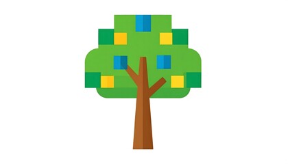 Stylized Pixel Art Fruit Tree Icon. Digital illustration of a green tree with colorful square fruits. Simple graphic design element.