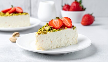 Elegant Slice of White Dessert Garnished with Fresh Strawberries and Pistachios