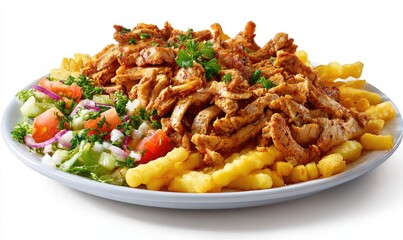 Plate of seasoned chicken, fries, and salad.  A generous portion of seasoned, shredded chicken lies atop crispy French fries.  A fresh salad of chopped vegetables accompanies the meal