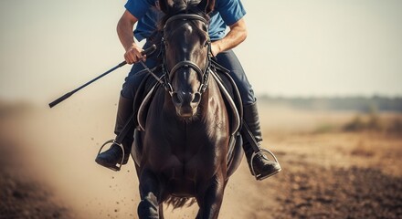 Fototapeta premium Man riding a dark horse across a dusty field, showing a close up of the horse and rider. Equestrian sport and active healthy lifestyle concept.
