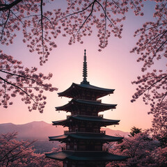 Obraz premium apanese Pagoda and Cherry Blossoms in Spring