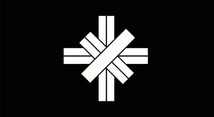 White cross symbol on a black background.