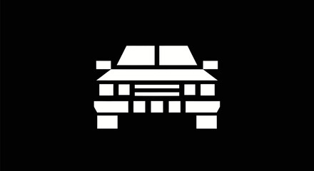 Front view of a white pixelated car icon on a black background. © varla