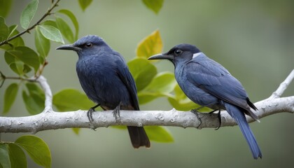Two Slate-Blue Birds Perched on a Branch