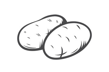 Artistic rendition displays monochrome potato with cut half and foliage details around it