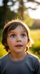 Curious Child Looking Upward in Sunlight.