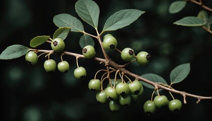 Lush Green Berries on Branch, Dark Background