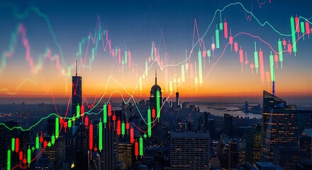 Stock market candlestick charts overlaying a city skyline at sunset, symbolizing financial markets