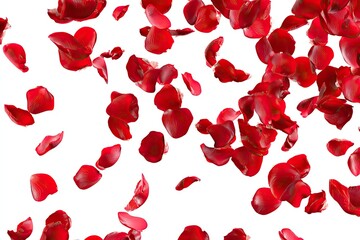 Red rose petals falling on white background (1)