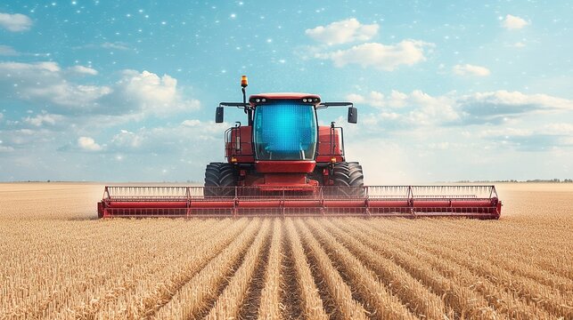 A red agricultural tractor is working on a golden field under a bright blue sky, creating a cloud of dust, This image is ideal for farming, agriculture, or machinery-related projects,