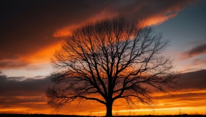 Silhouetted Tree at Fiery Sunset