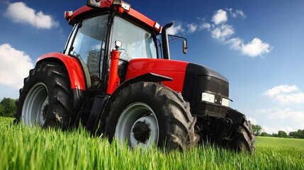 Obraz premium A vibrant red tractor stands prominently in a lush green field under a clear blue sky, perfect for illustrating agricultural themes, farming equipment, or rural lifestyle concepts,