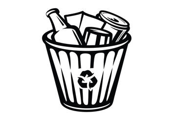 Black and white line art depicts a recycling container filled with diverse materials
