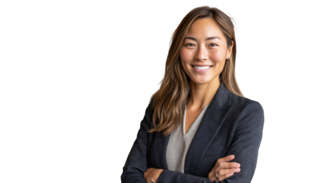 Confident young woman in professional attire smiling with arms crossed against a transparent background, showcasing self-assurance and approachability