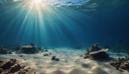 Sunbeams Illuminating a Sandy Ocean Floor with Coral and Fish