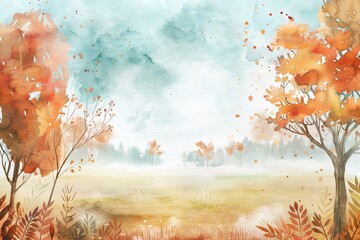 Autumn landscape with colorful trees and gentle hills at sunrise. Watercolor illustration 