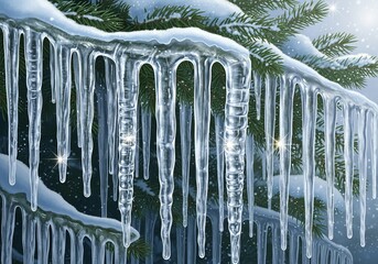 Crystal clear icicles hanging from snow-covered evergreen branches