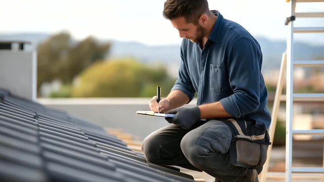 A contractor their clipboard heavy inspects a roof repair job the roof&rsquo;s tiles misaligned. A worker kneels their gloves torn adjusting a tile with a pry bar its metal scratch