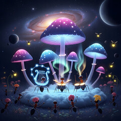 Fototapeta premium Enchanting night scene of bioluminescent mushrooms illuminating a cosmic backdrop, where tiny ants create a whimsical musical performance beneath a starlit galaxy