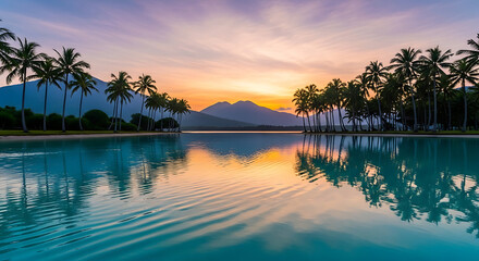 Sunset over Bali lagoon with palm tree reflections
