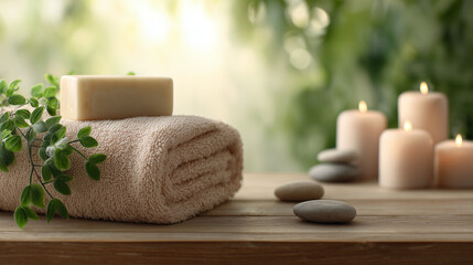 spa still life with candles and towel