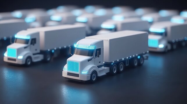 A collection of miniature trucks with glowing blue lights on a dark background, showcasing a modern design, This image is ideal for logistics, transportation, or e-commerce themed projects,