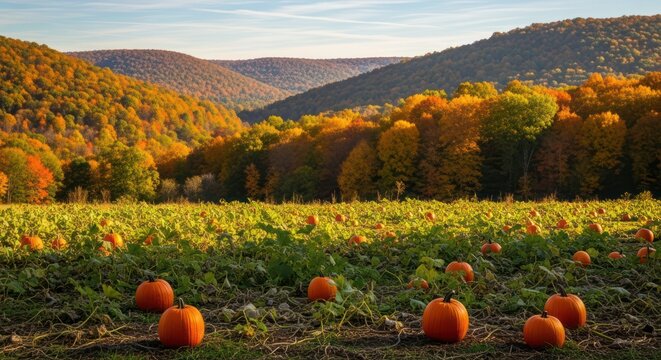 Autumn pumpkin patch with colorful trees and hills on the horizon