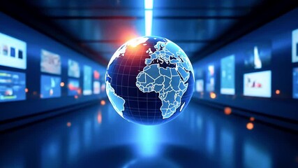 A futuristic digital display featuring a glowing globe, showcasing global connections and technology - Powered by Adobe