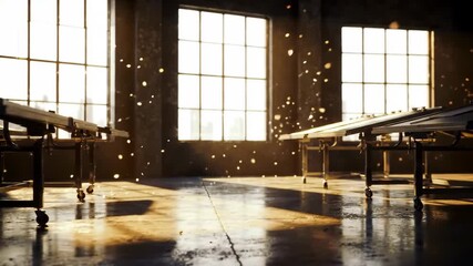 Empty ping pong tables in a spacious room bathed in light with dust motes creating a dreamlike atmosphere, sport and recreation space. - Powered by Adobe
