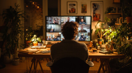 Remote team video conference in cozy home office with man sitting at desk facing computer screen for online meeting and collaboration