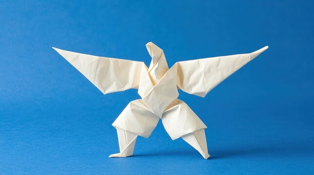A detailed white origami figure stands against a vibrant blue background, showcasing skillful craftsmanship, This image can be used for educational materials, art projects, or cultural themes, - Powered by Adobe